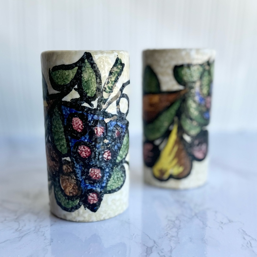 Pair of mid century fat lava glaze Toledo Spain cups with fruit